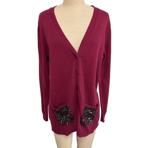 Loft Womens Burgundy Sequin Pocket Cardigan Sweater XL All Cotton Made In China - Picture 1 of 11